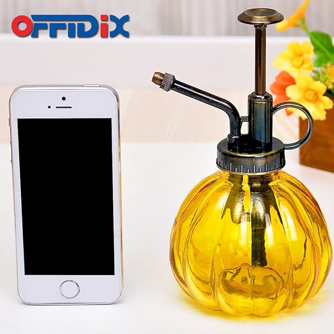 OFFIDIX Yellow Glass Watering Can Indoor, 6.3" Tall Vintage Style with Bronze Plastic Top Pump One Hand Spray Bottle
