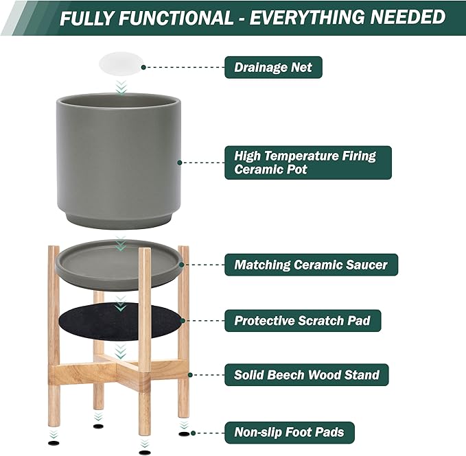D'vine Dev Ceramic Planter with Natural Stand - 10 Inch Modern Round Flower Pot with Wood Planter Holder, Grey, 55-B-K-3