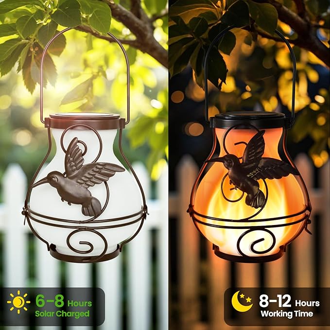 2 Pack Solar Lanterns Outdoor Waterproof Flickering Flame Lights Hummingbird Metal Hanging Solar Lantern Patio Porch Garden Decoration