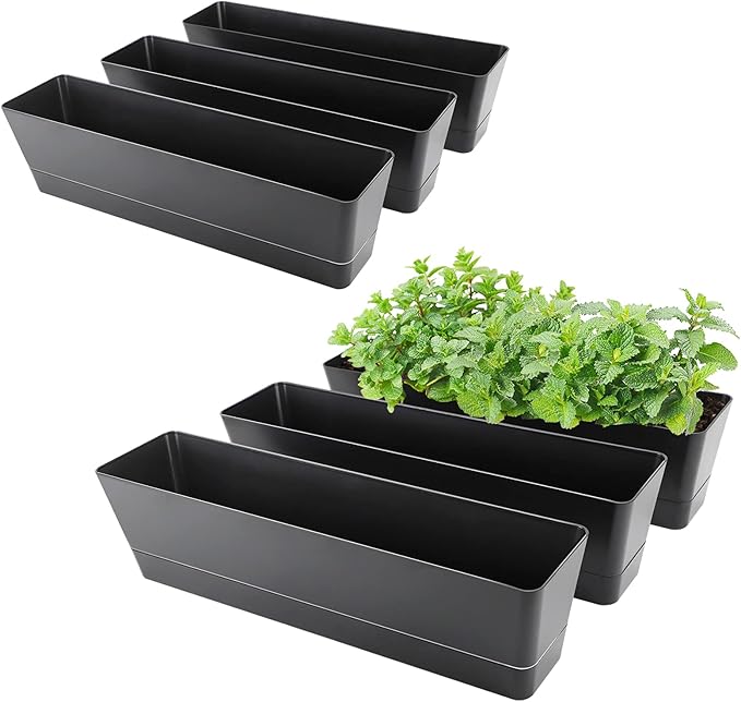 GREANER Rectangle Window Boxes, 6PCS 16x3.8 Inch Black Herb Planters with RemovableTray and Drainage Hole, Succulent Flowers Plastic Pot for Balcony, Office, Windowsill, Garden, Outdoor Decoration Use