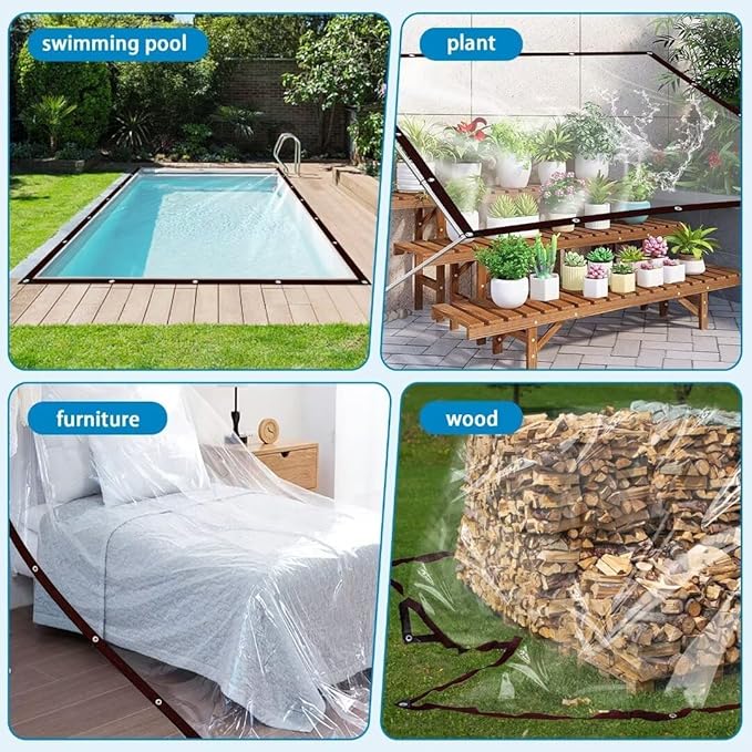 Clear Tarps with Grommets12x12ft,Heavy Duty Waterproof Tarp Cover,Transparent PVC Vinyl Tarpaulin for Outdoor,Plant,Garden,Chicken Coop,Patio,cat Litter