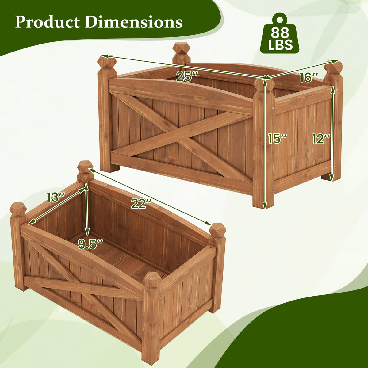 HAPPYGRILL 25”x 16”x 15” Wooden Raised Garden Bed with Drainage Holes