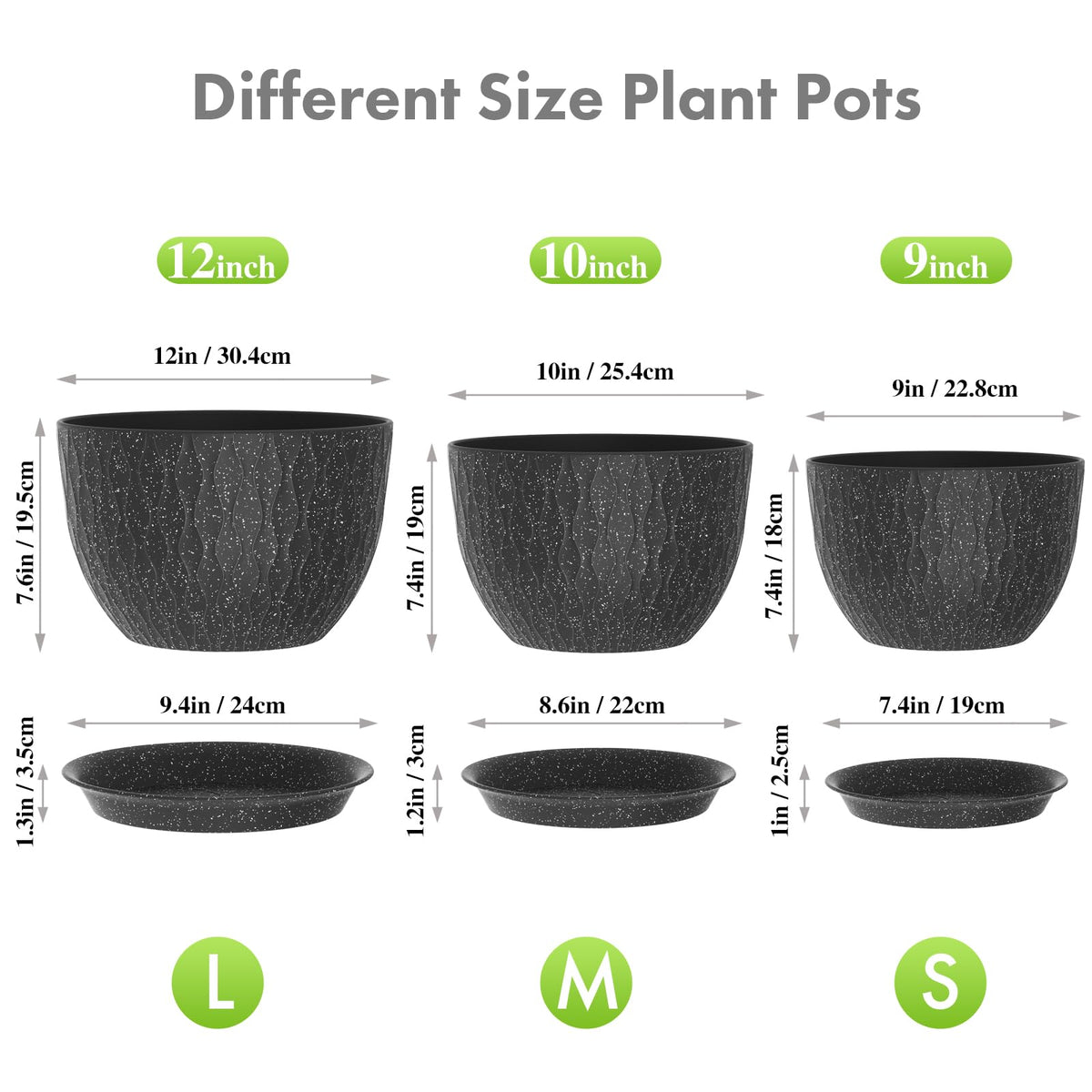 Meowell 12/10/9 inch Large Flower Pots, 3 Set Big Plant Pots for Outdoor Indoor Plants with Water Ripples, Wide Plastic Planters with Drainage Holes and Saucers for Garden House Plants, Speckled Black
