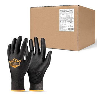 OKIAAS Work Gloves for Men, Ultra Thin and Lightweight with Grip, Bulk Case of 60 Pairs Construction Gloves with Polyurethane Coating, Safety Gloves for Light Duty Work (Black, Small)