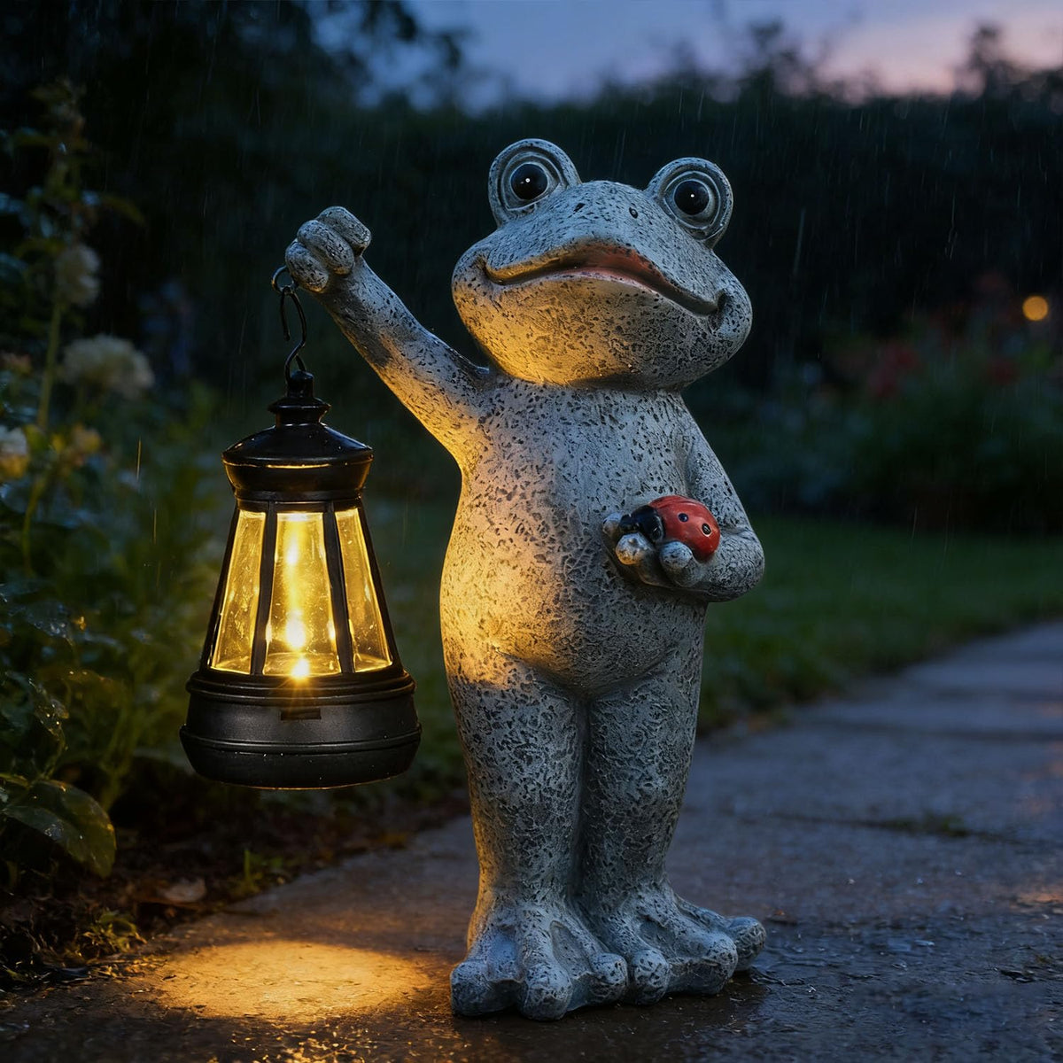 Yewanye Solar Frog Garden Statue, Resin Figurine with Ladybug & Hanging Solar Lantern Outdoor Decor