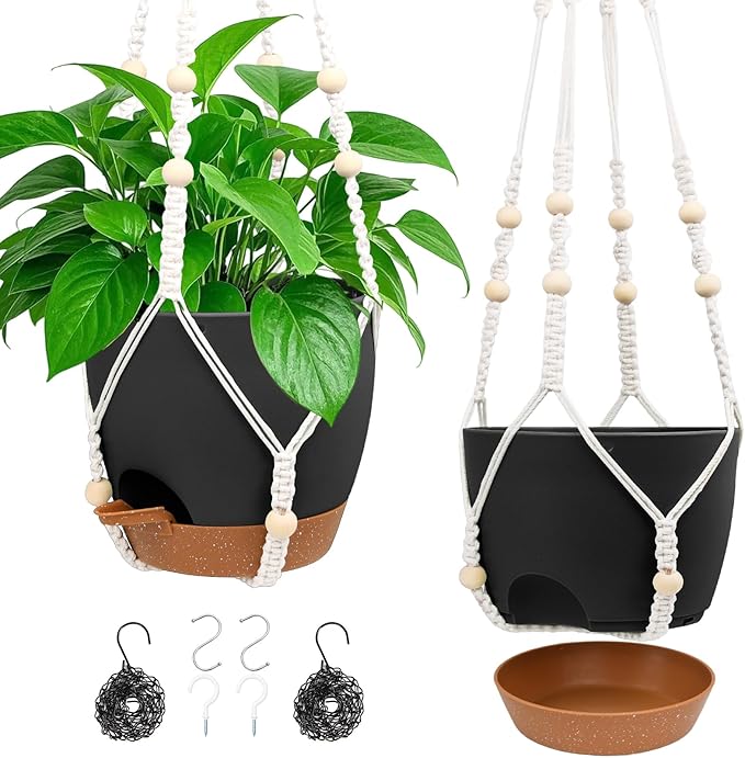 Hanging Planters for Indoor Outdoor Plants, 2 Pack Self Watering Hanging Pot with Drainage Holes, Removable Tray & 2 Kinds of Plant Hangers, 8'' Hanging Flower Pots for Home Garden Decor, Black