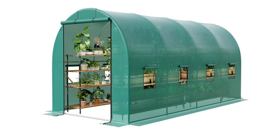 IDEALHOUSE 15x7x7 ft Large Walk-in Outdoor Greenhouse, Hoop House Tunnel Greenhouse with Galvanized Steel Frame, Green PE Mesh Cover, 8 Roll-Up Windows, Ideal for Backyard Gardening, Zipper Door