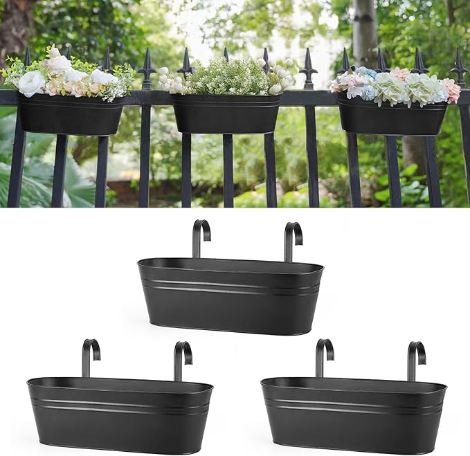 Dahey 3 Pcs Metal Hanging Flower Pots for Railing Fence Outdoor Planter 15.7 Inch Hanging Bucket Pots Countryside Window Flower Plant Holder with Detachable Hooks for Garden Yard Home Decor,Black
