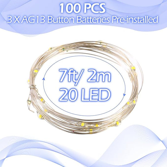 Hortsun 100 Packs Fairy Lights Battery Operated 3 Speed Modes, 7 Ft/ 2 M 20 LED Battery String Mini Waterproof Wire Twinkle Lights Bulk for Wedding Party Birthday Vases Decor (Cool White)