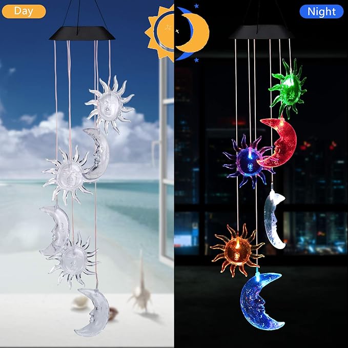 Solar Sun and Moon Wind Chimes Outdoor - Waterproof Mobile Romantic Changing Light Color Wind Chime, Sun Moon Windchimes for Xmas Mom Gifts, Home, Party, Festival Decor, Night Garden Decoration