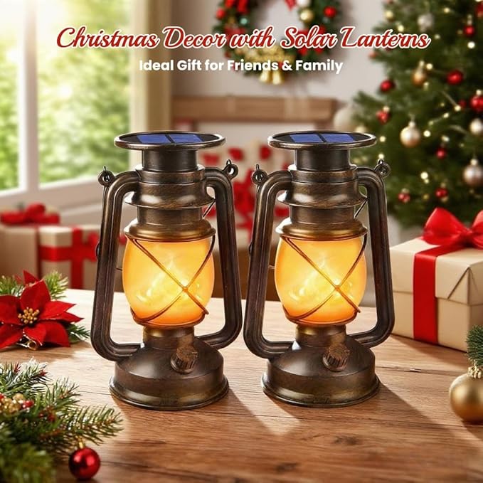 Solar Lanterns Outdoor Waterproof,2 Pack Bronze Vintage Lanterns with Dancing Flame Led Hanging Lights Decor,Lamps for Porch Garden Yard Pathway Camping