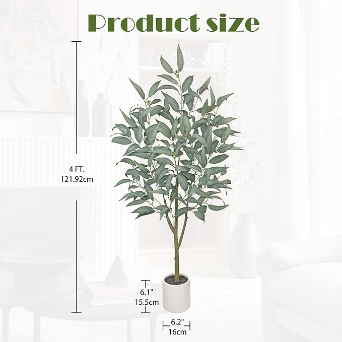 Artificial Eucalyptus Tree in White Pot – 4FT Faux Indoor Plant for Home Décor, Modern Greenery for Living Room, Bedroom, Office – Realistic Silk Leaves, Minimalist Planter