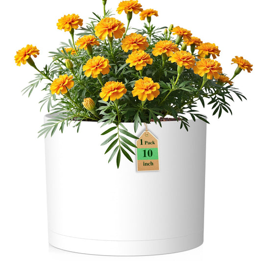 10 Inch Round Plastic Plant Pot with Drainage Holes and Saucer, Wide Flower Pots for Indoor & Outdoor Plants– 7.9" Tall Modern Cylinder Planter Pot for House Plants and Home Decorative, Matte White