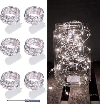 LAMPHOME 6 Pack Fairy Lights Battery Operated String Lights 6.6ft 20 Led Mason Jar Lights Waterproof Silver Wire Light Fireflies DIY Party Wedding Christmas Decoration(6 Pack,White)
