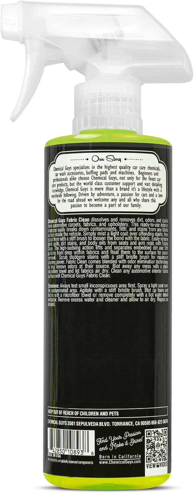 Chemical Guys Foaming Citrus Fabric Clean Carpet & Upholstery Cleaner - Car Carpet Cleaner Spray for Seats and Floor Mats, Removes Stains &Odors, Safe for Cars, Home and Office, 16 oz Citrus Scent
