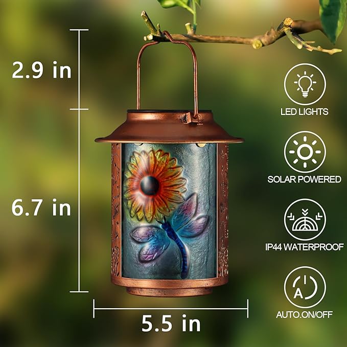 Dragonfly Solar Lanterns Outdoor Waterproof, Birthday Gifts for Women Mom Grandma , Metal Garden Decor Hanging Solar Lights Outside Decorative for Yard Patio Backyard Porch Decorations (Sunflower)