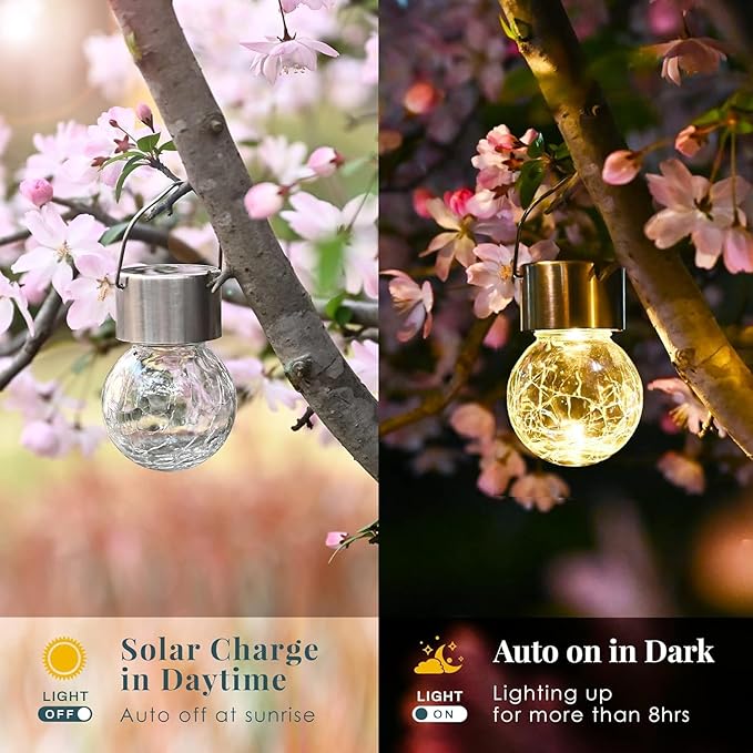 SOLPEX Hanging Solar Lights Outdoor, 8 Pack Decorative Cracked Glass Ball Light, Solar Powered Waterproof Globe Lighting, Hanging Globe Solar Lights for Garden, Yard, Patio, Lawn, Flower Bed