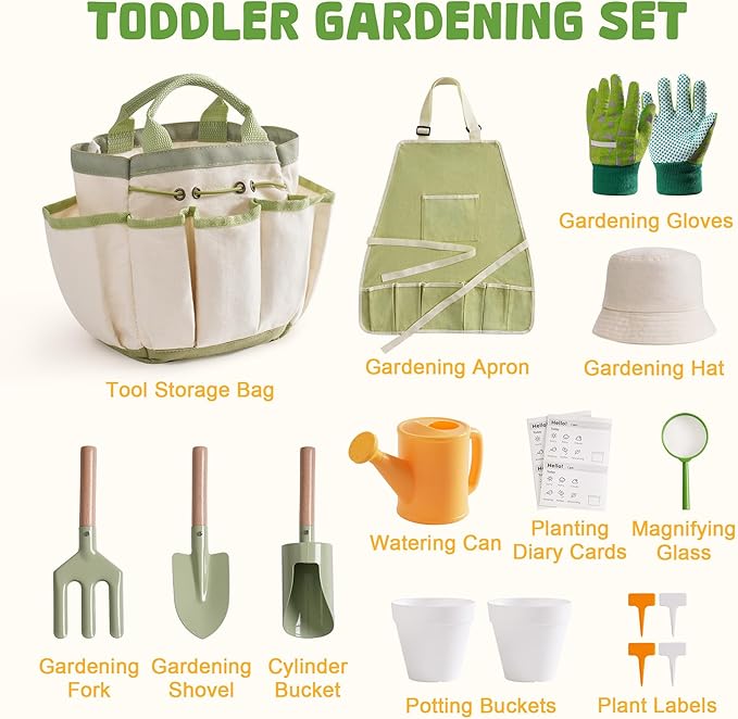 ROBOTIME Kids Gardening Tools, 17 PCS Toddler Gardening Set, Children's Gardening Tools, Metal Kids Gardening Set All in One Kit, Gardening Tools for Kids Outdoor Toys Gift for Boys and Girls