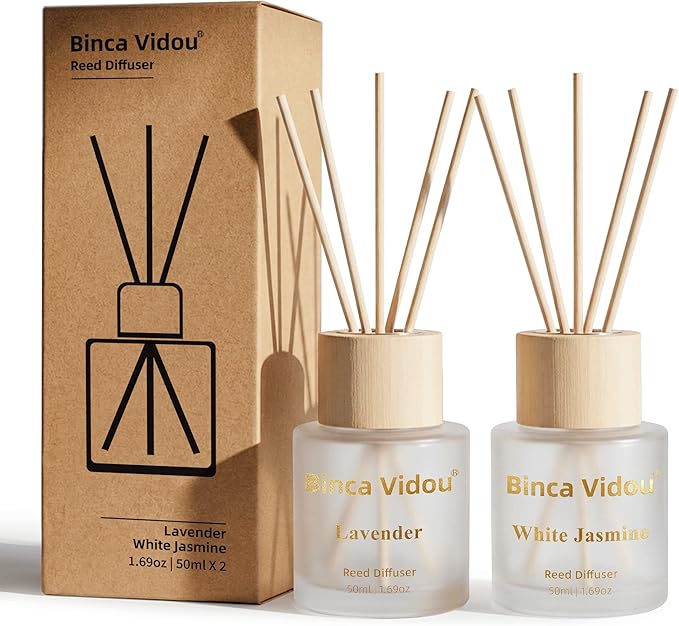 Reed Diffuser Set, Binca Vidou Lavender & White Jasmine Natural Scent Oil Diffusers with Sticks for Home Office Bathroom Aromatherapy Decor 1.69oz x 2