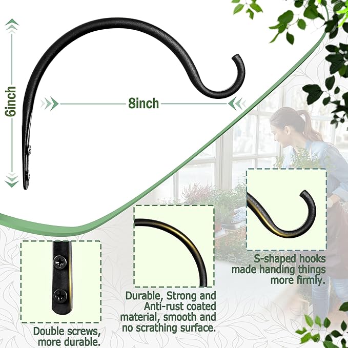 AJART Hanging Plant Hanger Outdoor: 8-Inch Bird Feeder Wall Hooks - Rust-Resistant Plant Bracket Hook for Hanging Flower Baskets