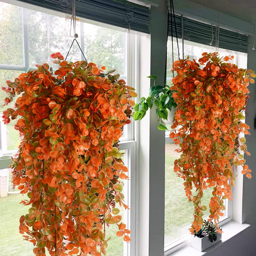 Antspirit 2pcs Artificial Hanging Fall Plants Fake Hanging Plant Faux Eucalyptus Leaf Greenery Vine Outdoor UV Resistant Plastic Plants (2, Fall Orange)