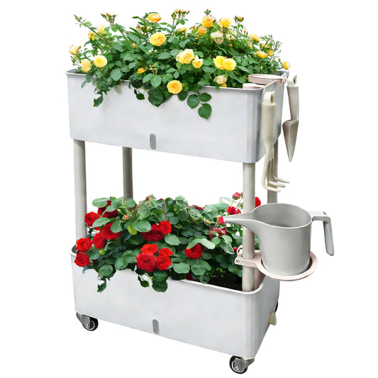 MNKXL Self-Watering Raised Planter Box with Lockable Wheels,2-Tier Elevated Garden Bed with Visible Water Level Window,Indoor Outdoor Plastic Plant Box for Flowers,Vegetables & Herbs