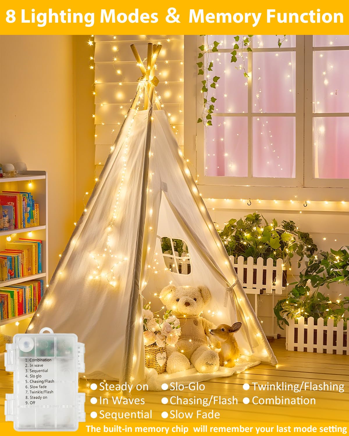 2 Pack 200 LED Fairy Lights Battery Operated with Remote, 66 FT Warm White