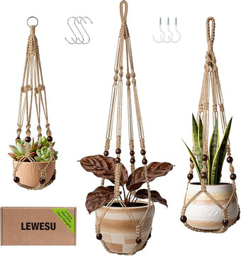 LEWESU 3 Pack Jute Macrame Plant Hanger Indoor 3 Different Sizes Hanging Planter Basket Flower Pot Holder with Wood Beads & No Tassels for Boho Home Decor, 23, 30, 35 Inch, Brown (Pot Not Included)