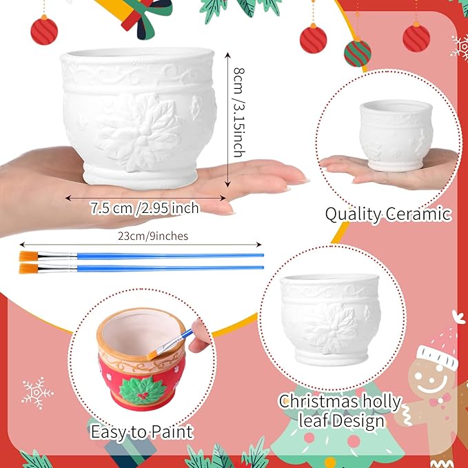 Pasimy 6 Set Ceramics to Paint DIY Ceramic Succulent Planter Pots Paint Your Own Flower Pots Craft Kit Unpainted Bisque Flowerpot with Brush Palette for Family Activity Holiday Gifts(Holly Leaf)