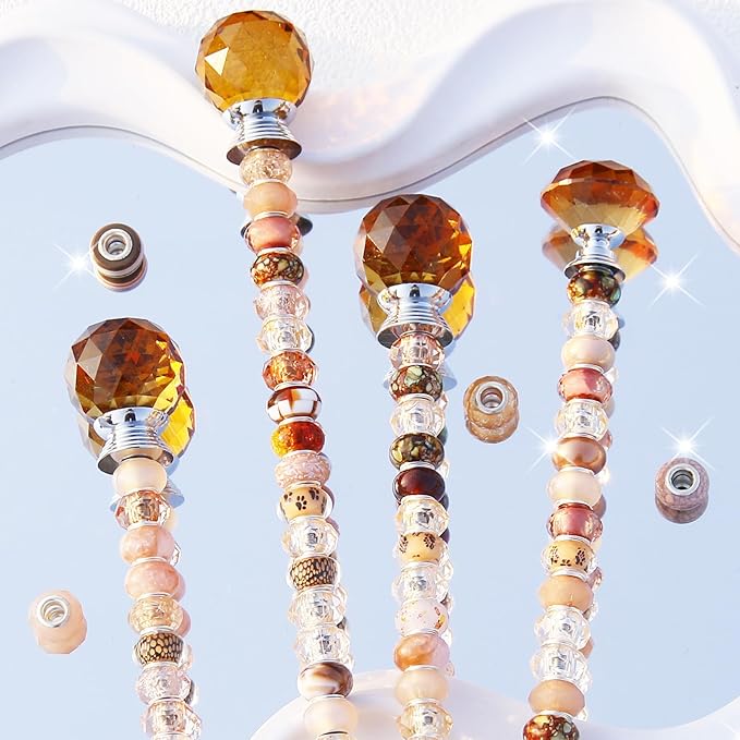 119 Pcs Garden Stake Diy Fairy Wand Plant Stake with Champagne Large Hole Beads Crystal Diamond Stopper Top 4 Stainless Steel Threaded Rod Beaded Garden Stakes For Outdoor Indoor Yard Patio Decoration