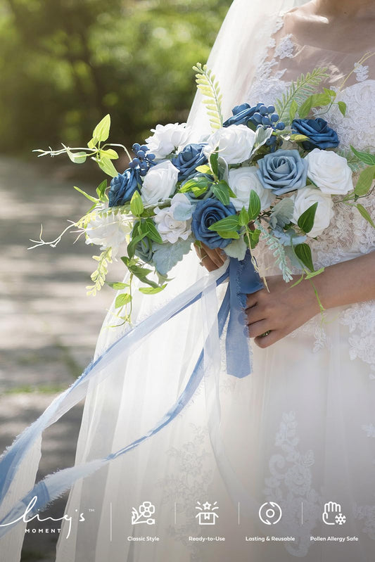 Ling's moment Fake Flowers Box, Dusty Blue & Navy & White Grand Combo