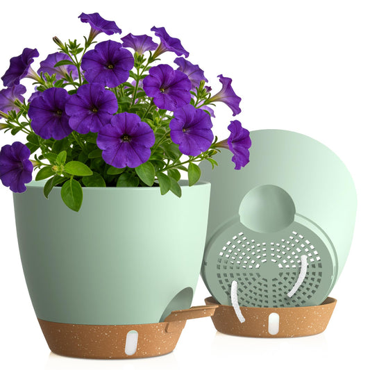 KUGAZ Self Watering Pots with Drainage Holes, 2 Pack 10 Inch Plant Pots with Water Level Indicator Deep Reservoir, Large Plastic Planter for Indoor Outdoor Plants - Green