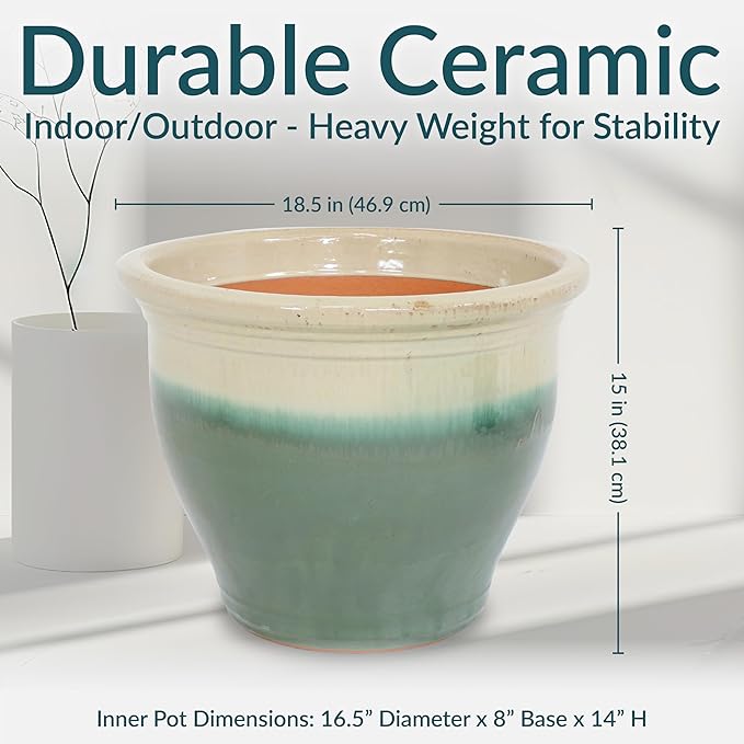 Sunnydaze Large Ceramic Plant Pot - Round Outdoor Glazed Ceramic Planter Pot with Drainage - Studio - Gray - 18.5"