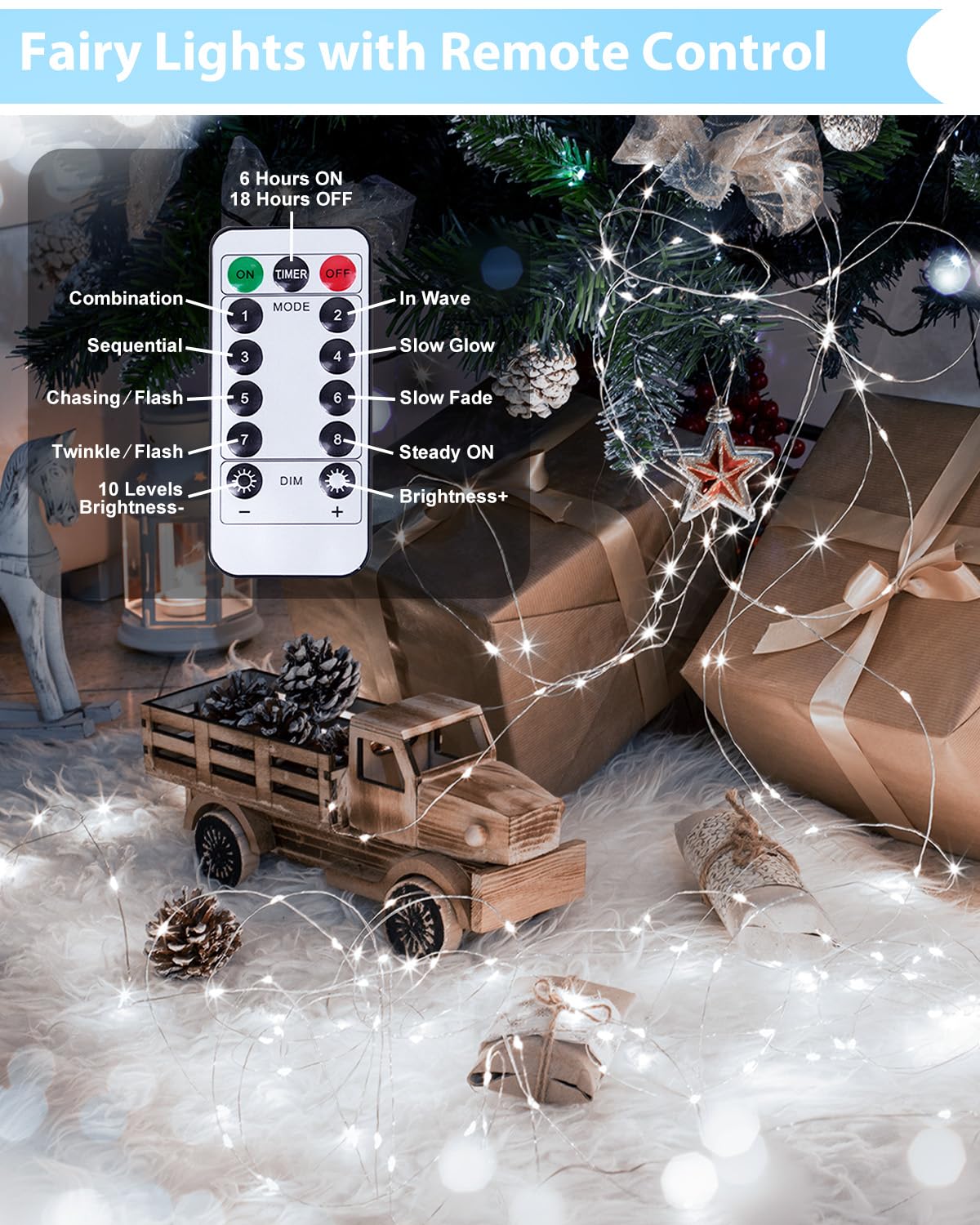 2 Pack 200 LED Fairy Lights Battery Operated with Remote, 66 FT Cool White
