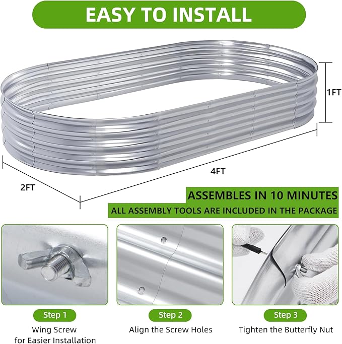 Galvanized Raised Garden Bed Kit, Planter Garden Boxes Outdoor, Oval Large Metal for Vegetables Fruits, Flowers Planter Boxes, Easy Assembly Garden Bed Kit 4x2x1 FT (2-Pack)