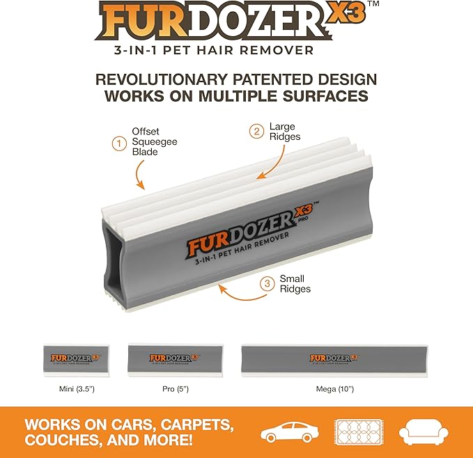 FurDozer Pet Hair Remover & Auto Detailing Tools - Cat & Dog Hair Remover for Carpets, Car Interiors, Couches, Bedding, & Pet Furniture (Gray, (2 Pack) - X3 PRO)
