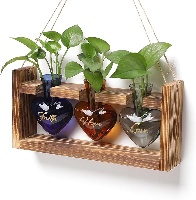 Plant Terrarium Propagation Stations Faith Hope Love Hydroponics Home Garden Decoration Gift for Women with Wooden Stand Heart Shaped Colored Glass Vase
