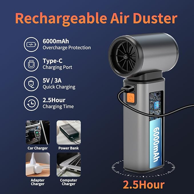 Compressed Air Duster, Stepless Speed Electric Air Duster, Metal Shell Air Blower with Brushless Motor, 120000 RPM Keyboard Cleaner Replaces Canned Air for Outdoors, Car, Home Cleaning