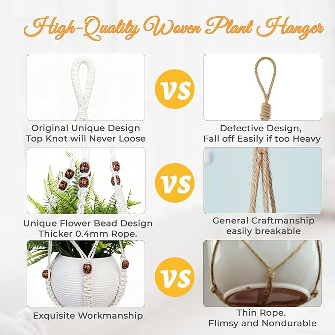 HOREAKHJ 35 Inch Macrame Plant Hanger, Large for up to 15 Inch Pot Extra Long Hanging Planter Holder Basket with Wood Beads for Indoor Outdoor Home Decor (Ivory, 1-Pack)