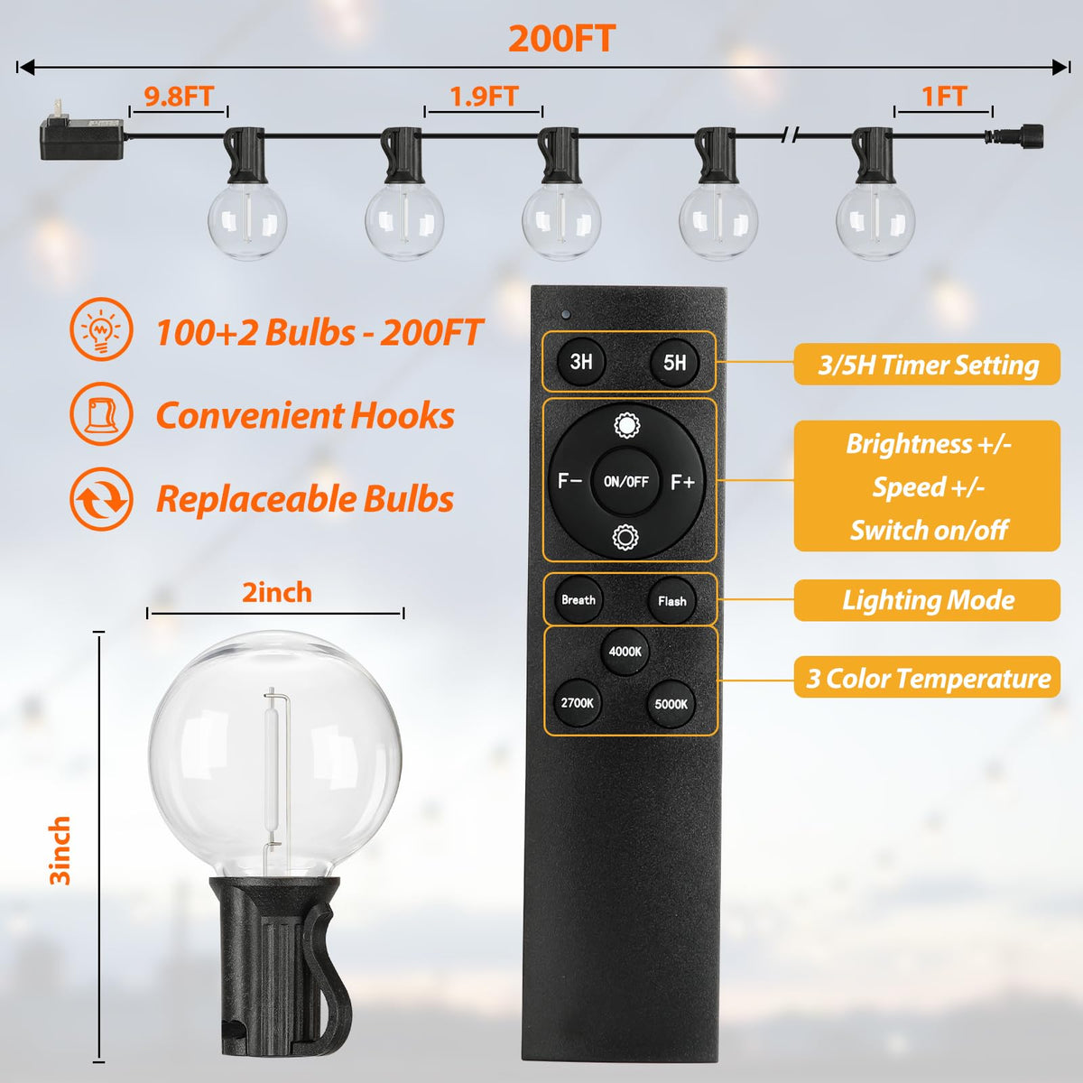 200FT LED Outdoor String Lights with Dimmable 3 Color Lights with Remote