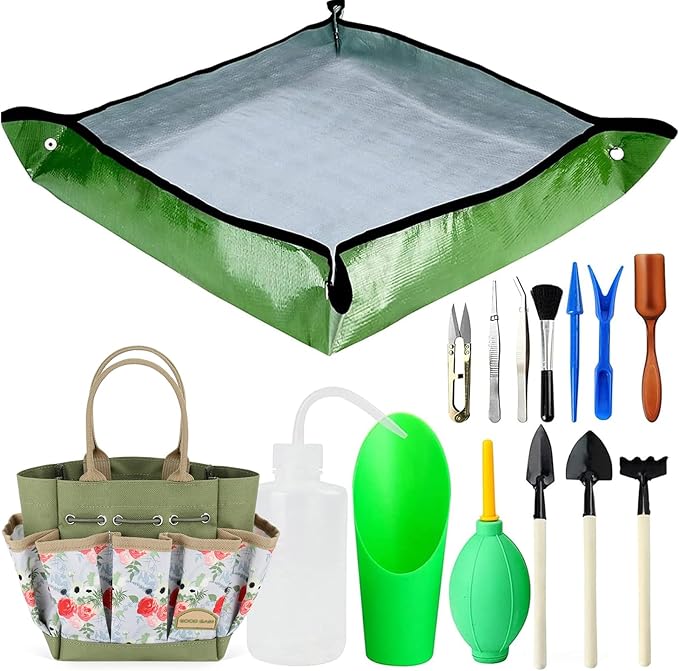 G GOOD GAIN Garden Succulent Kit with Organizer Bag, 15Pieces Succulent Tools, Indoor Mini Hand Gardening Tools Set with Carrier for Bonsai Planter Miniature Fairy Planting Care(Rose)