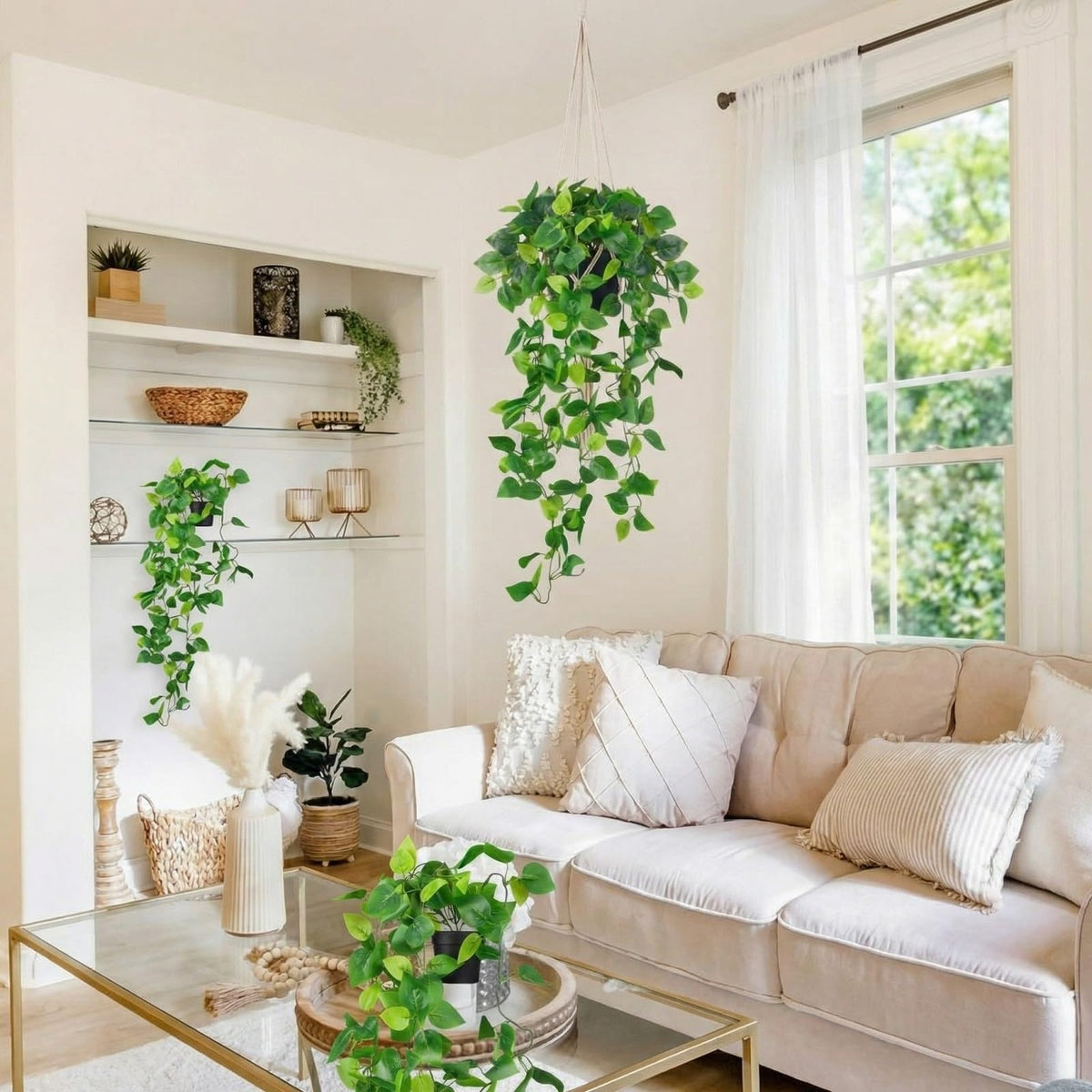 Rivvlive 4 Pack Fake Pothos Vines, 35" Fake Greenery Hanging Plants