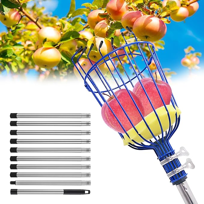 Fruit Picker Tool with Basket & Foam Pad, 35-157 Inch Adjustable Stainless Steel Picking Pole - for Harvesting Lemon Avocado Apple Mango Pear Orange & Tall Tree Fruits