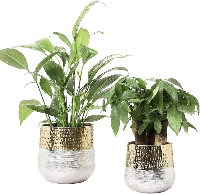 MyGift Round Two-Toned Indoor Planter Pot, Hammered Brass and Milled Embossed Silver Tone Metal Planter Vase, Set of 2 - Handcrafted in India