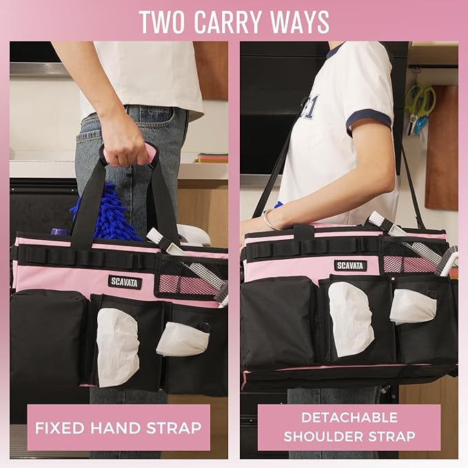 Wearable Cleaning Caddy Bag, Cleaning Caddy Supplies Organizer with Handle & Shoulder Straps for Housekeepers, Under Sink & Car Cleaning Tool Organizers with 4 Foldable Divider (SweetPink)