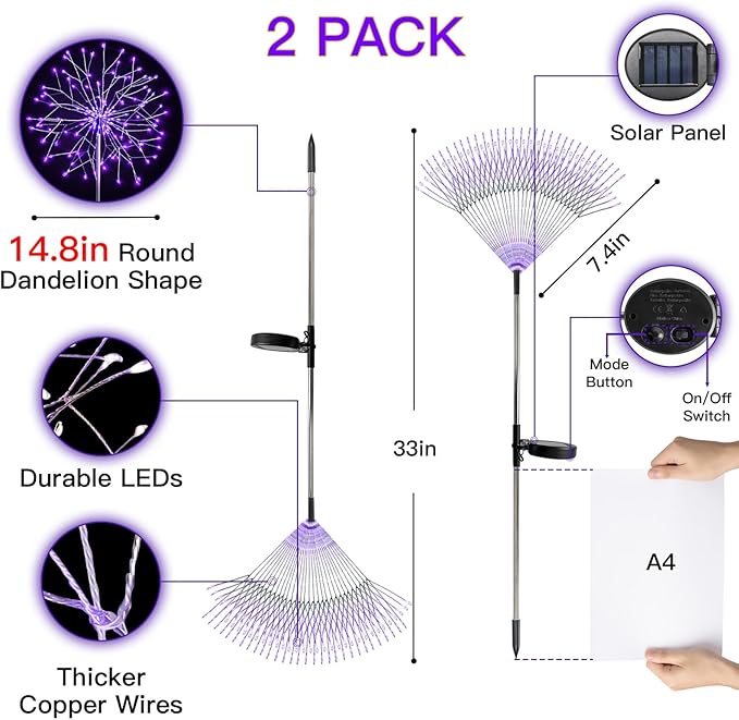 suddus 2 Pack Purple Halloween Lights Outdoor, 150LED Purple Solar Garden Lights with 8 Modes, Waterproof Solar Firework Light for Halloween Yard Garden Decorations