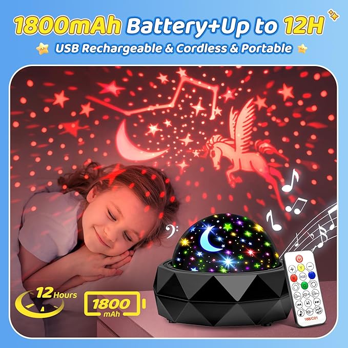 PIKOY Night Light Projector for Kids Room - 15 Colors, 15 White Noise, 3 Films, Remote - Rechargeable Star Lights for Ceiling, Bedroom - Gifts