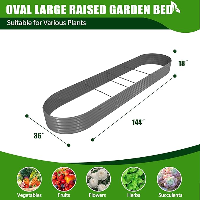 A ANLEOLIFE 8 Pcs 12X3X1.5 ft Oval Extra Large Galvanized Raised Garden Beds Outdoor for Planting Vegetables Flowers Herb, Quartz Grey