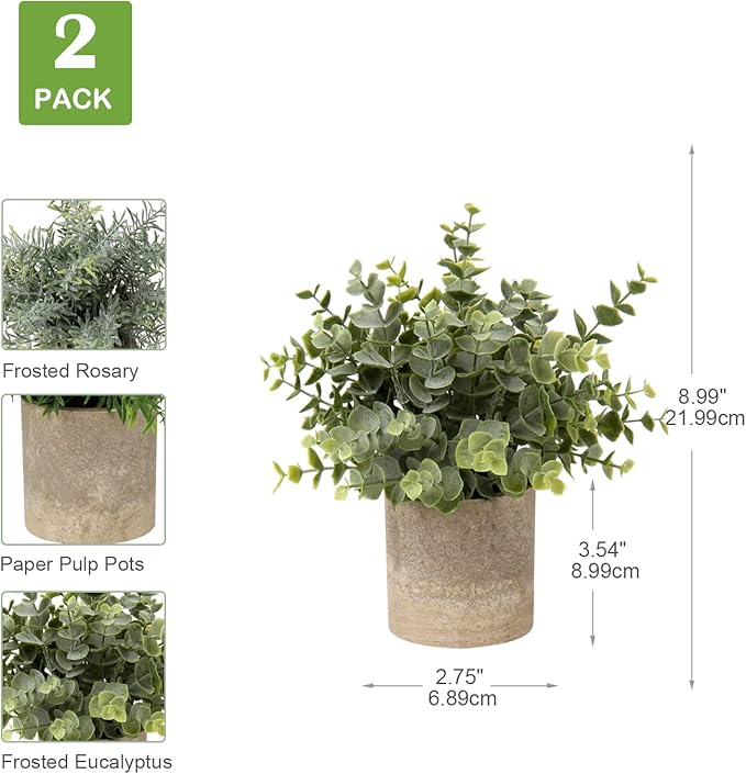 Briful Artificial Potted Plants Set of 2 Small Faux Plant Eucalyptus Mini Fake Plant Decor for Home Table Office Room Desk Bathroom Shelf Kitchen Rustic