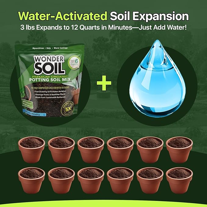 WONDER SOIL Organic Potting Soil | Ready to Plant Coco Coir Fully Loaded with Nutrients | 3 LBS Bag Expands to 12 Quarts of Indoor Outdoor Soil for Gardens & Plants | Incl Worm Castings, Perlite